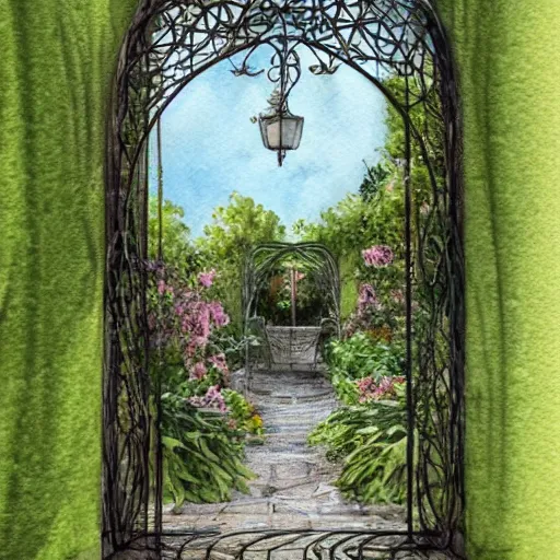 Image similar to delicate, chairs, garden, paved, botanic watercolors, iridescent, 8 k, realistic shaded, fine details, artstation, italian, iron gate, tree, mediterranean, hdr photography