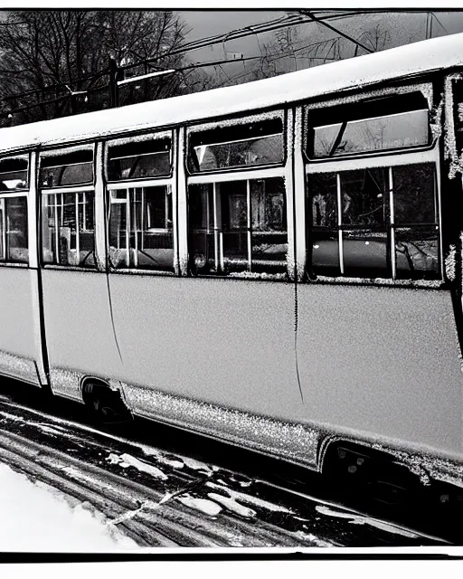 Image similar to tatra t 3 tram, ussr czech republic, side view, ice patterns on windows, winter, frost, around the city, evening, snow, into the art style and print