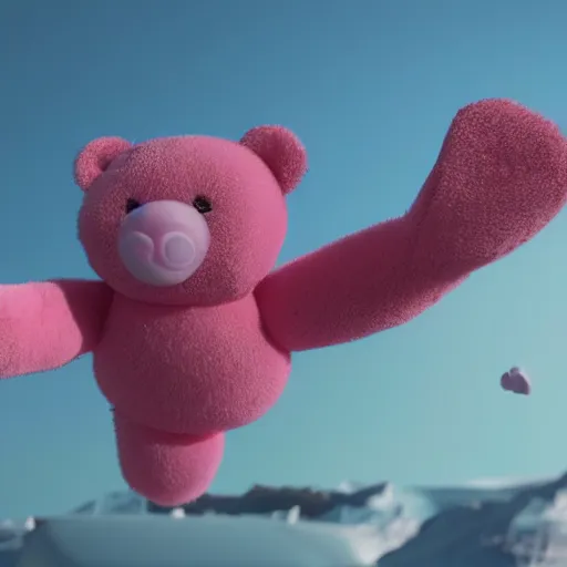 Image similar to a pink teddy bear heads interlink with plastic and metal chains floating in the sky over the Antarctic , unreal engine 5, realistic