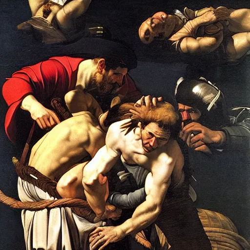 Prompt: Magellan discovers the strait of Magellan by Caravaggio