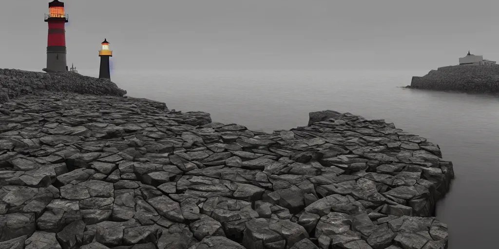 Prompt: A massive breakwater made of large stones with a lighthouse in the distance, serene and peaceful, gloomy atmosphere, 16:9 aspect ratio, 4k, digital painting, artstation, concept art, volumetric lighting, by Shinobu Oshita and Kentaro Yoshida