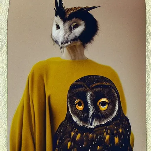 Prompt: head to shoulder portrait Polaroid film photograph of an elegant top model wearing a yellow kimono with a very detailed barn owl on her shoulder!!! in opera . looking at the camera!!. super resolution. Polaroid 600 film. art by Alessio albi and john william waterhouse.