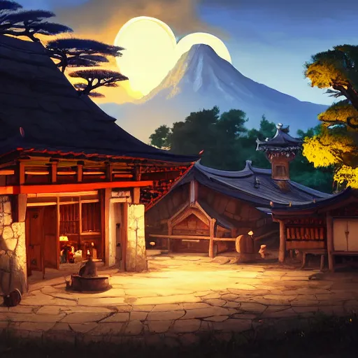 Prompt: concept art painting of a tavern with european and japanese architecture, in a small medieval village surrounded by trees, in a mountain valley, evening, sunset lightning, realistic, highly detailed, cel shaded, in the style of makoto shinkai and greg rutkowski and james gurney