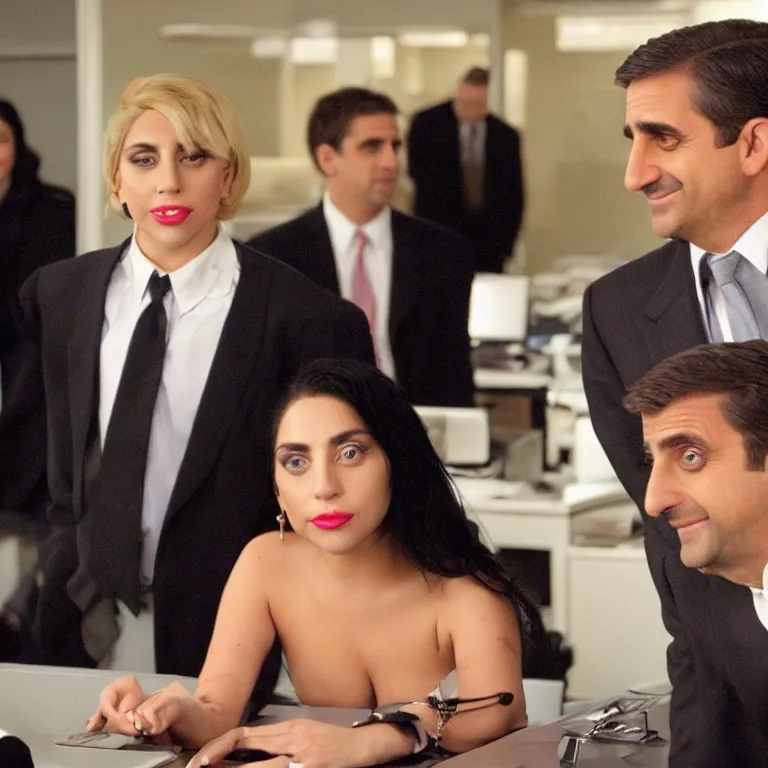 Prompt: confused lady gaga ( black haired ) looking at the camera while young steve carell ( in his early 4 0 s ) smiles behind her, from the office ( 2 0 0 5 ), detailed background, uhd, low light, cinematic, realistic, clear face, clear eyes.