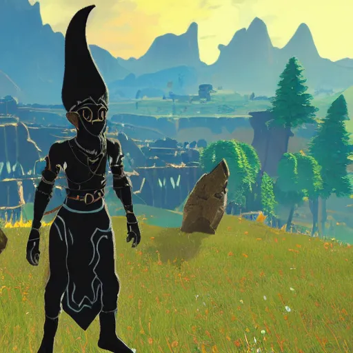 Image similar to a humanoid black goat wizard in breath of the wild, screenshot