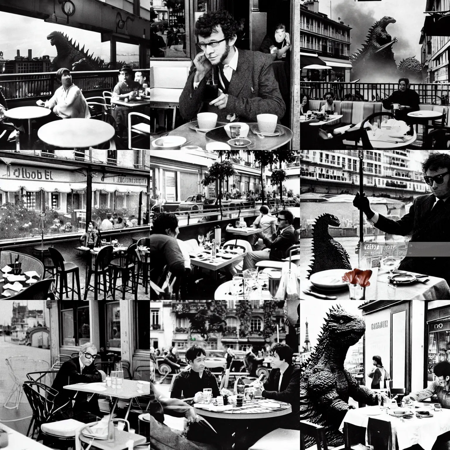 Prompt: godzilla is seated in a restaurant, at the terrace of a parisian cafe, as filmed by jean - luc godard