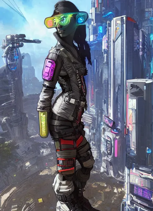 Image similar to apex legends cyberpunk free runner. concept art by james gurney and mœbius. gorgeous face, cinematic, dramatic lighting ( cyberpunk 2 0 7 7 ), clean aesthetic