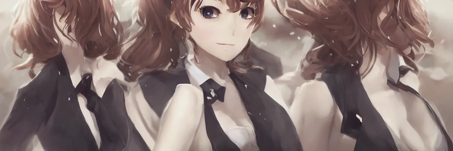 Image similar to full body character design of a beautiful anime girl in a formal suit, elegant, ultra highly detailed, digital painting, soft focus, artstation, sci-fi, award winning, top-down shot, grinning, art by morry