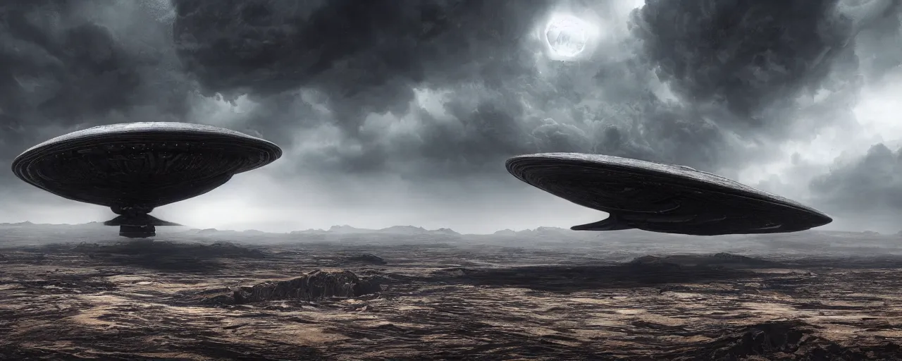 Image similar to a large organic like spaceship landing on a barren dry land with an epic cloud formation on the background by HR GIger, Dariusz Zawadzki, Neil blevins, Feng Zhu, gustave doré, zhuoxin ye, very detailed, octane render, 8k, oranate and brooding, scary and dark, canon 24mm lens