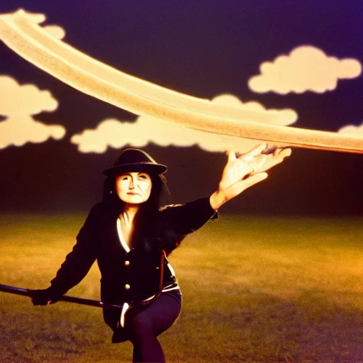 Image similar to yoko ono flying on a broomstick, lighting in the skies, 4k