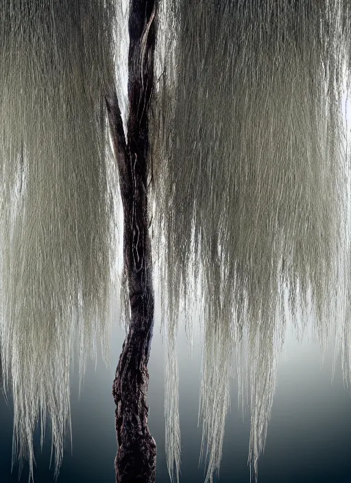 Image similar to nature photograph of a weeping willow with black bark and silver leaves sitting on a cliff in the style of stefan kostic, realistic, half body shot, sharp focus, 8 k high definition, insanely detailed, intricate, elegant, art by stanley lau and artgerm, luis royo, cloudy background