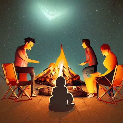 Image similar to sad people gathered around a camp fire at night, dark background, digital art