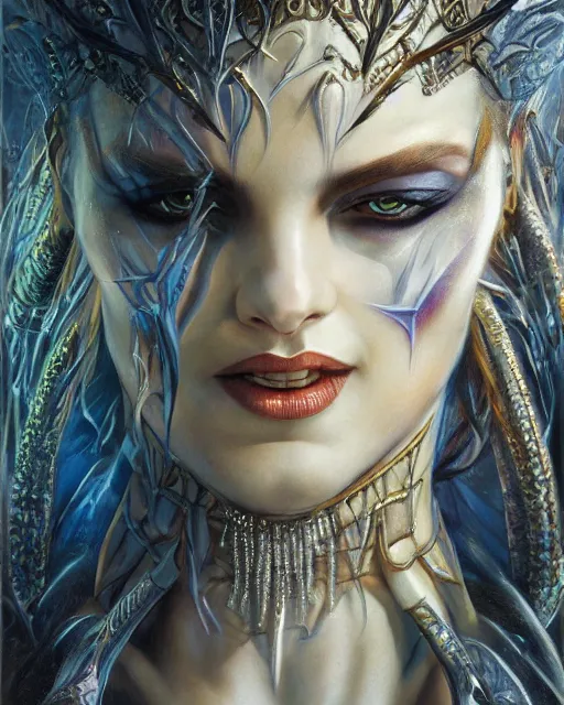 Prompt: a highly detailed airbrush painting of an evil female fantasy sorceress with piercing beautiful eyes art by karol bak and donato giancola and mark brooks, centered, full size, hires, 4 k, high resolution, sharp focus