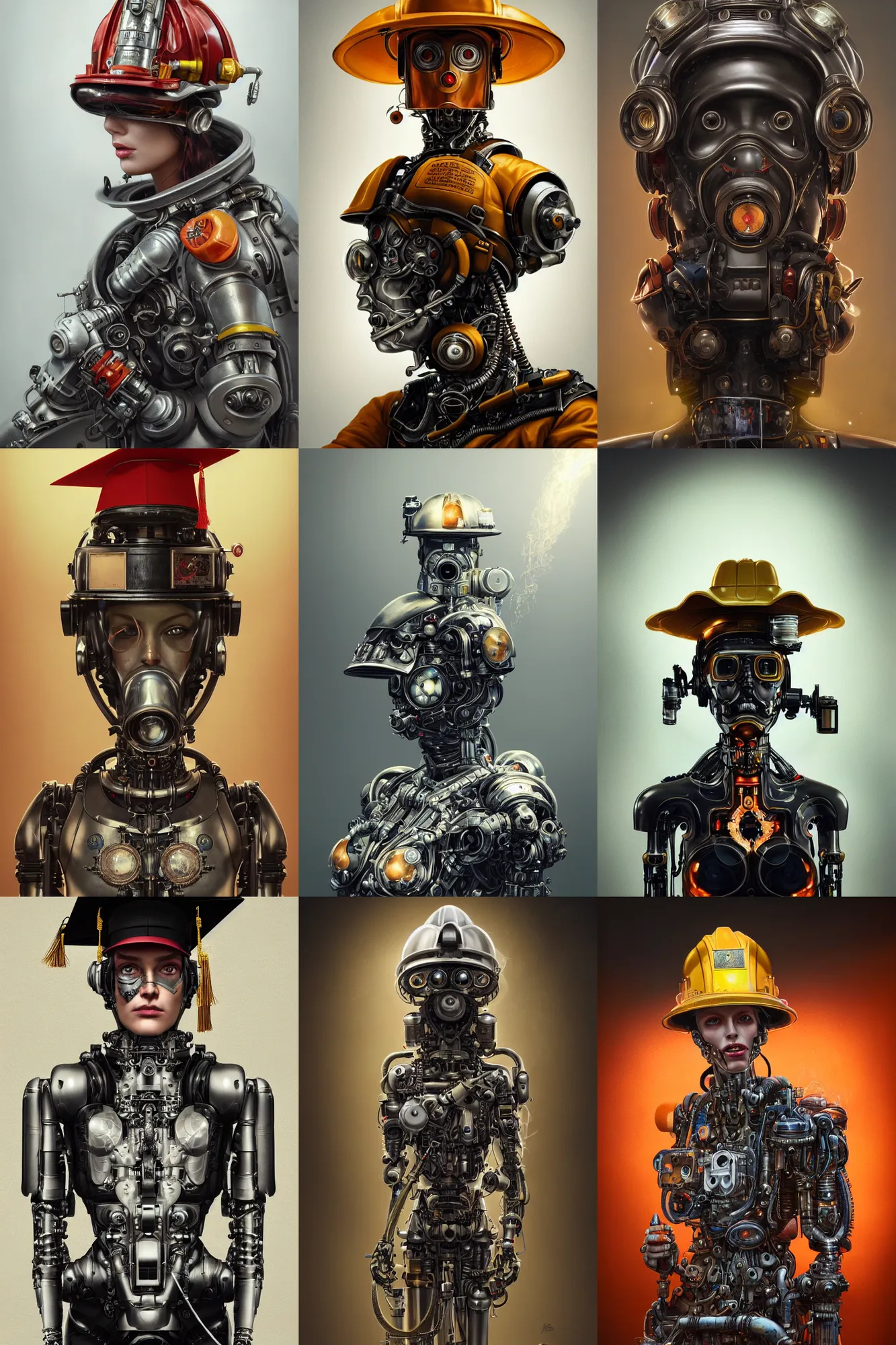 Prompt: a beautiful ultra detailed fine art portrait of a futuristic mechanical cybernetic firefighter cyborg wearing a graduation hat, by tom bagshaw and anna dittman, studio lighting, firefighter, golden ratio composition, 3 5 mm lens, cybernetic scifi, deep depth of field, artstation, 8 k