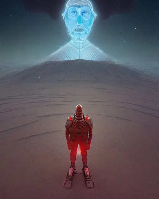 Prompt: portrait of paul atreides as emperor of arrakis, cinematic lighting, highly detailed, photorealistic, octane render, 8k, by simon stalenhag and zdzislaw beksinski