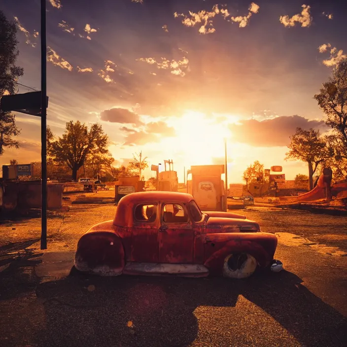 Image similar to a sunset light landscape with historical route 6 6, lots of sparkling details and sun ray ’ s, blinding backlight, smoke, volumetric lighting, colorful, octane, 3 5 mm, abandoned gas station, old rusty pickup - truck, beautiful epic colored reflections, very colorful heavenly, softlight