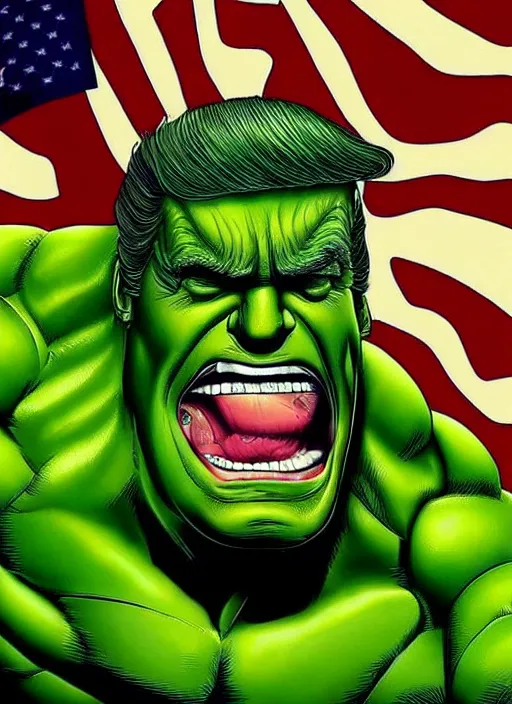 Image similar to donald trump as the hulk, he's green, superhero movie poster still, 4 k
