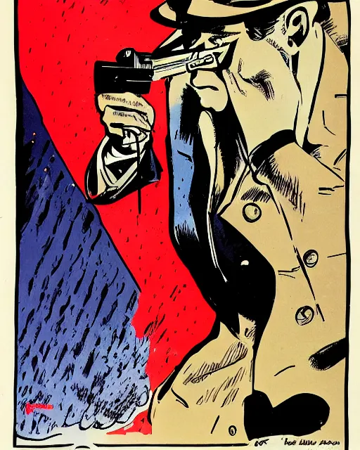Prompt: detective with gun, wearing trenchcoat, 1 9 7 0 s los angeles, rainy, artwork by frank miller