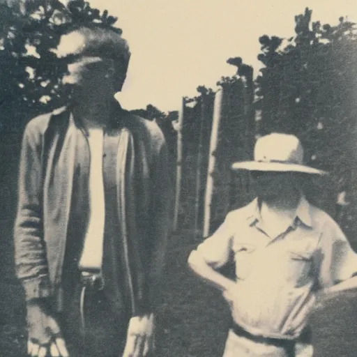 Image similar to a alien standing next to a farmer on a farm next to a corn field polaroid picture