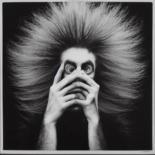 Image similar to a beautiful performance art of a self - portrait of the artist. he is shown with his head turned to the left, looking at the viewer. his hair is wild and his eyes are wide open. his right hand is raised, as if he is pointing at something. goldenrod by ingrid baars apocalyptic