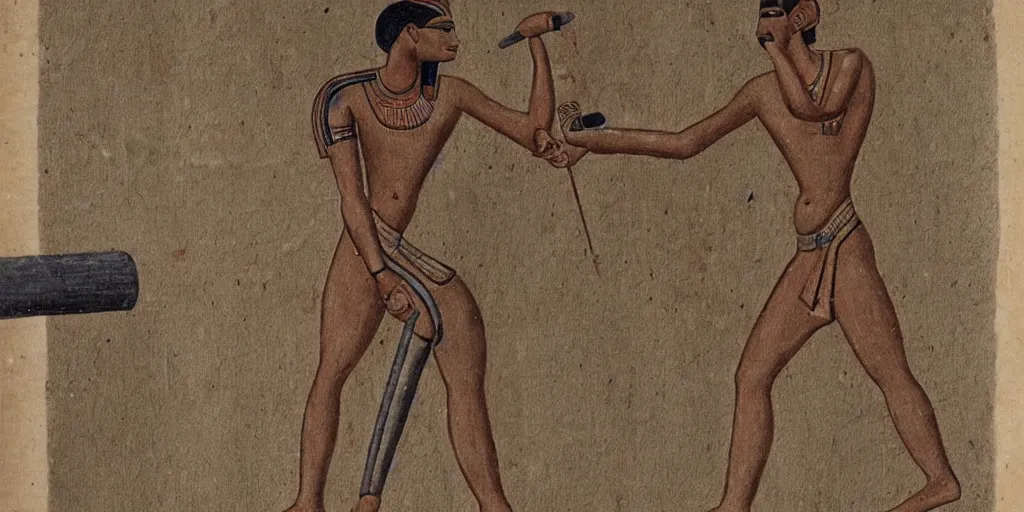 Image similar to Egyptian drawing of a man using a shake weight, ancient, photorealistic