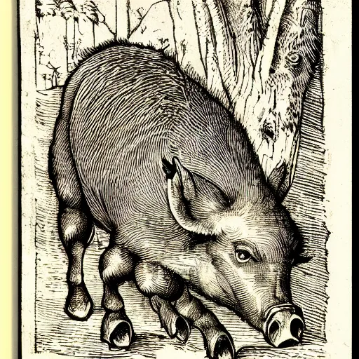 Image similar to wild boar by albrecht durer. woodcut. 1 5 1 5