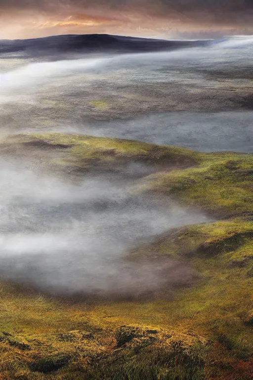 Prompt: moorland above the sea by hiroshi yoshida, marc simonetti, roger deakins, turner, rothko, hyperrealism, cinematic, heathland, dramatic storm sunset, matte painting, fluid simulation, tonalism, volumetric light, trending on artstation, cgsociety, high detail concept art, top view, rendered in octane