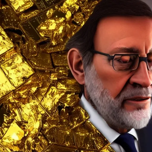 Image similar to a still of mariano rajoy surrounded by gold and diamonds, award - winning, photograph, 3 d render, unreal engine, 4 k detailed