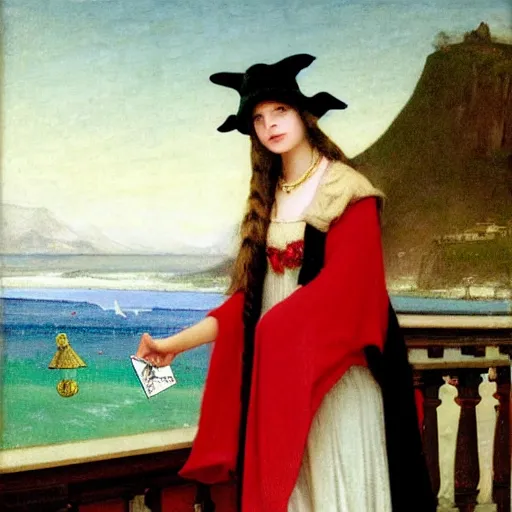 Prompt: A girl with jester hat and clothes on the front of a Balustrade with a beach on the background, major arcana cards, by paul delaroche, hyperrealistic 8k, very detailed