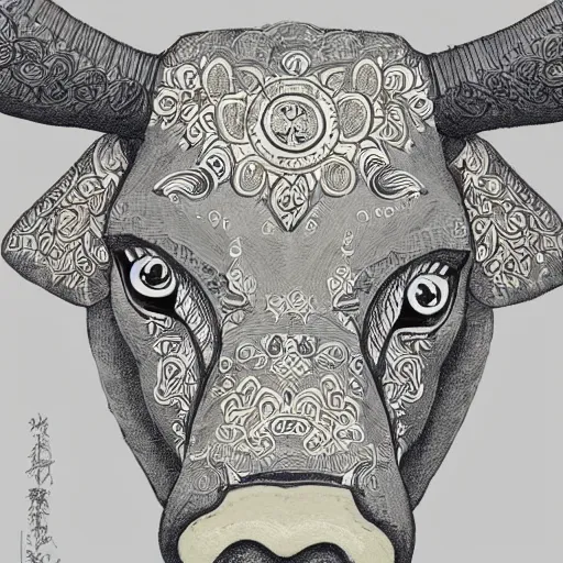 Prompt: gray paper + an intricate cute bull depiction + elaborate illustration, very detailed, deviantart, 8 k vertical wallpaper, tropical, colorful, airy, anime illustration, anime nature