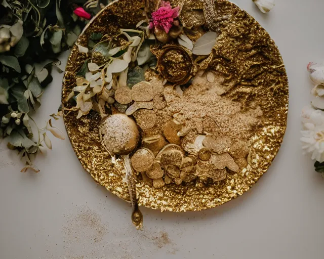 Image similar to 8 5 mm food photography of a plate full of every single food made of gold with silver linings near a garden with sand with dof and bokeh and flowers o