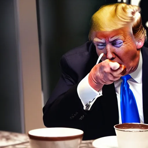 Image similar to crying donald trump in a highchair with chocolate pudding all over his face, gettyimages,