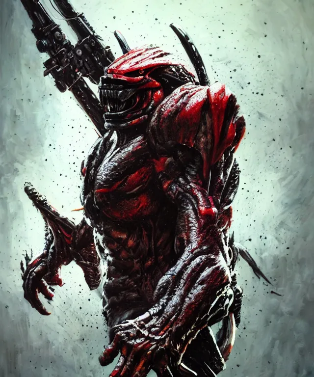 Image similar to an action shot of the predator by chris ayers, oil on canvas, deep depth field, masterpiece, by ken barthelmey and stan winston, trending on artstation, featured on pixiv, cinematic composition, hyper - detailed, hd, hdr, 4 k, 8 k