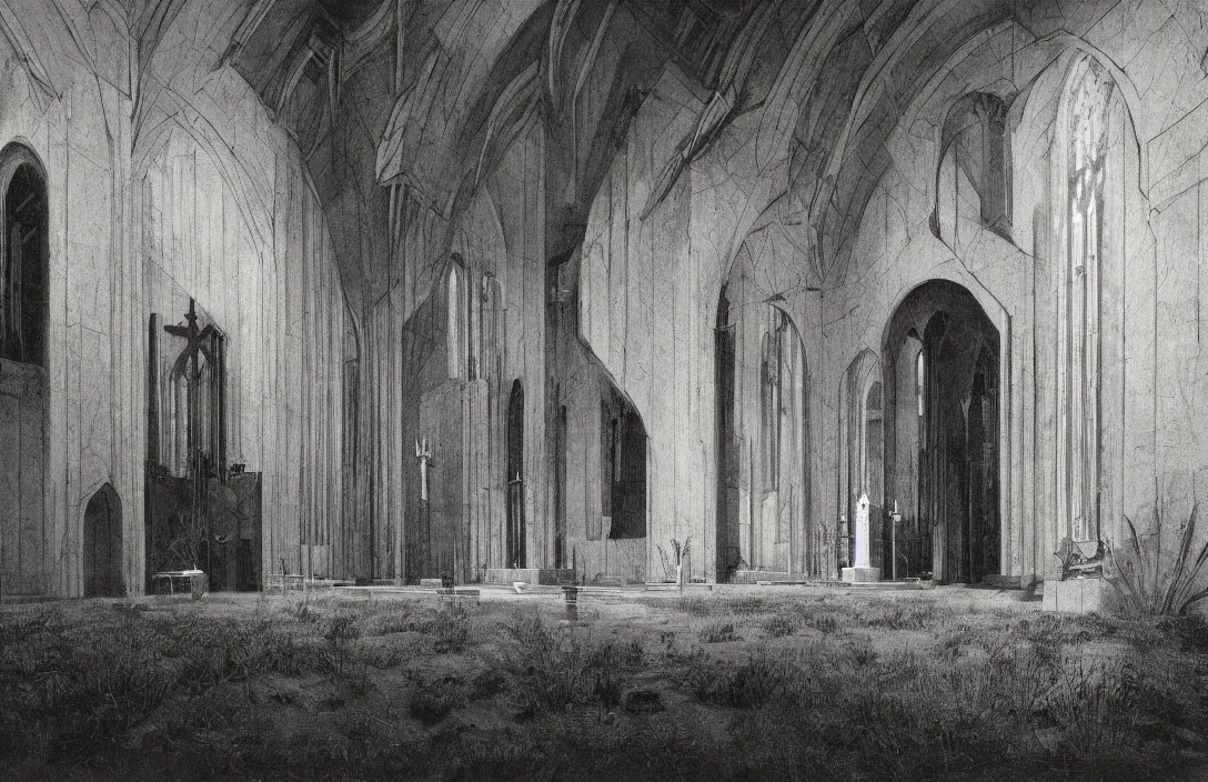 Image similar to in this church interior, vertical lines suggest spirituality, rising beyond human reach toward the heavens. work of art claymation intact flawless ambrotype from 4 k criterion collection remastered cinematography gory horror film, ominous lighting, evil theme wow photo realistic postprocessing sequestered corner of a garden within a castle walls painting by grant wood