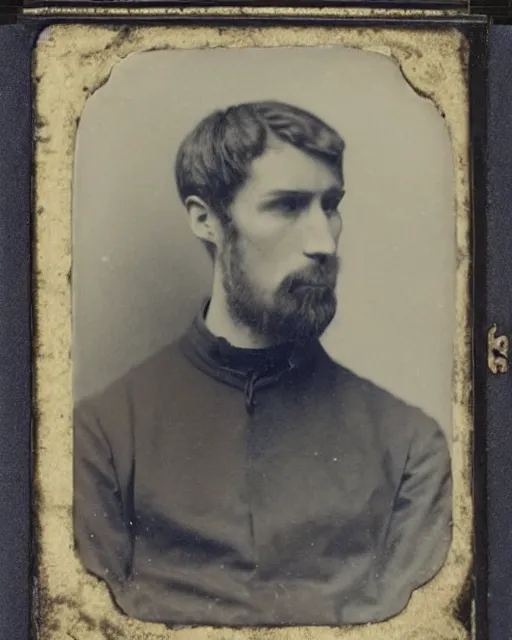 Prompt: tintype photo of alyosha karamazov, innocent handsome young russian man, by julia margaret cameron 1 8 8 0 s, realistic, portrait, sharp focus, 8 k high definition, insanely detailed, intricate, elegant