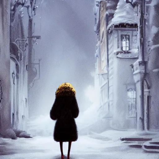 Image similar to a young woman in a fur coat with the hood above her head trying to cover her from the cold icy surrounding, in the style of alberto mielgo, arcane, award winning animated movie,