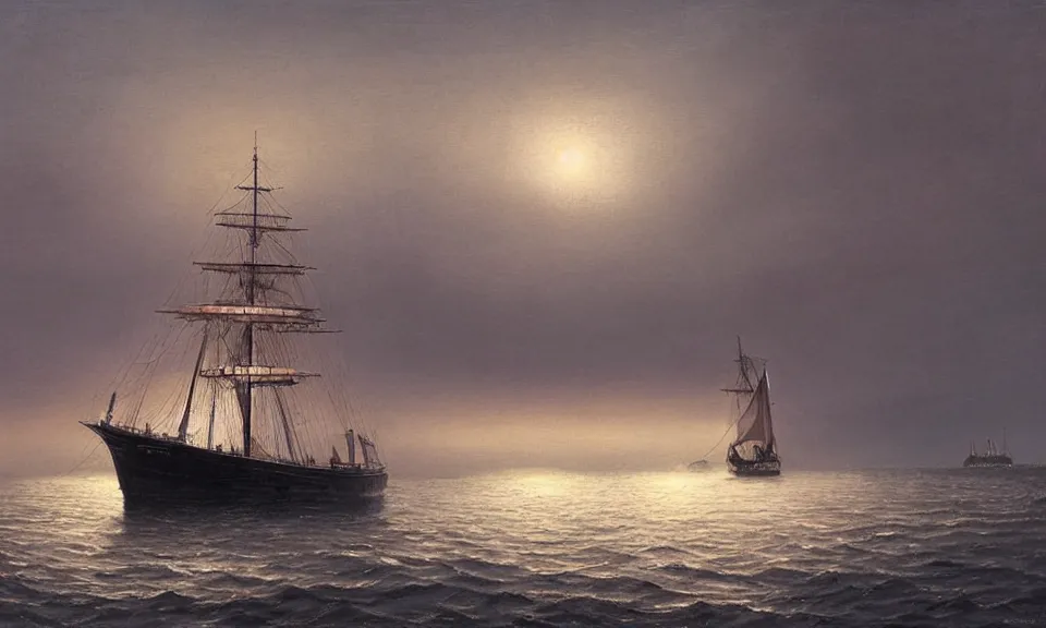 Prompt: a tall ship with a lantern shining from the bow sailing in the ocean at dusk by lee madgwick