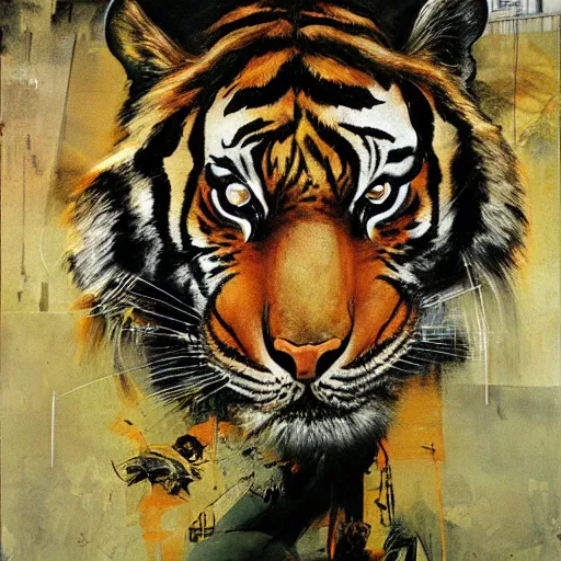 Image similar to tiger in the cityby dave mckean and yoji shinkawa, oil on canvas