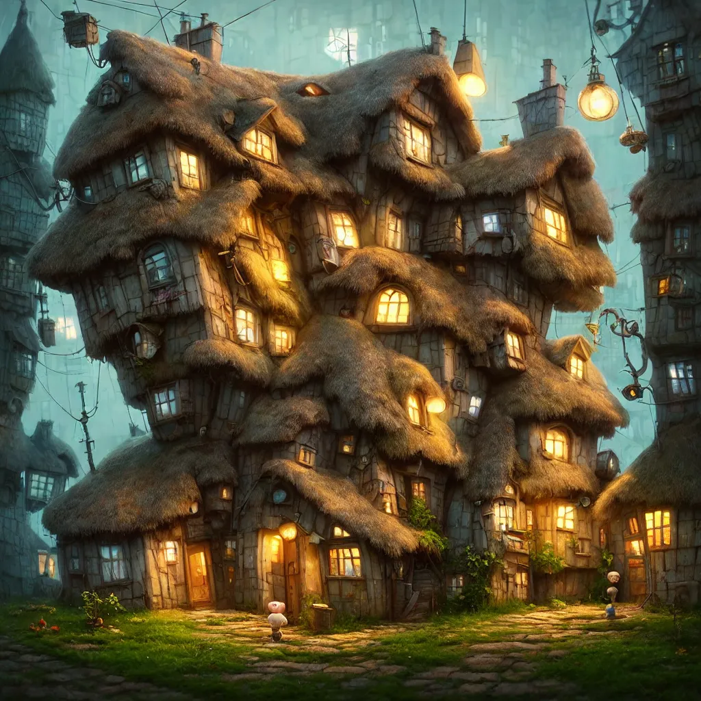 Image similar to gediminas pranckevicius high quality 3 d render very cute cyborg cottage! incorporated speakers!, cyberpunk highly detailed, unreal engine cinematic smooth, in the style of blade runner & detective pikachu, hannah yata charlie immer, moody light, low angle, uhd 8 k, sharp focus