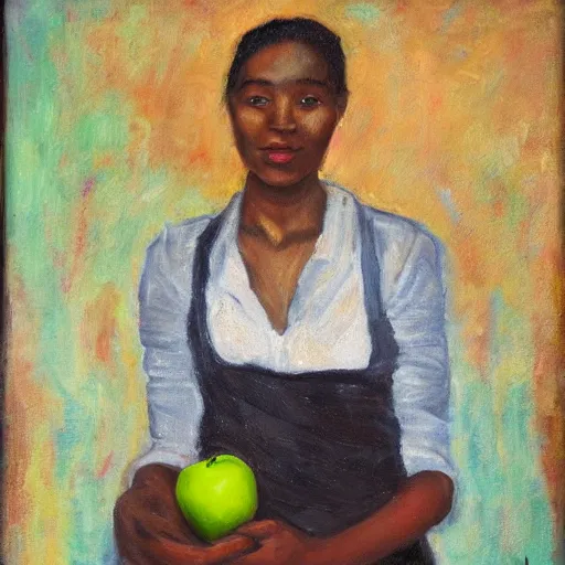 Prompt: a human posing while holding an apple, oil on canvas