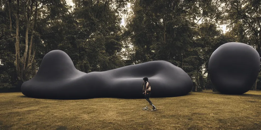 Prompt: huge matte black adult bouncy castle playground in big fruits form like a big puffer, on the forest, style by anish kapoor, parts by shih chieh huang, warm soft light, shallow depth of field realistic, 8 k, hyperrealism, subsurface scattering, raytracing