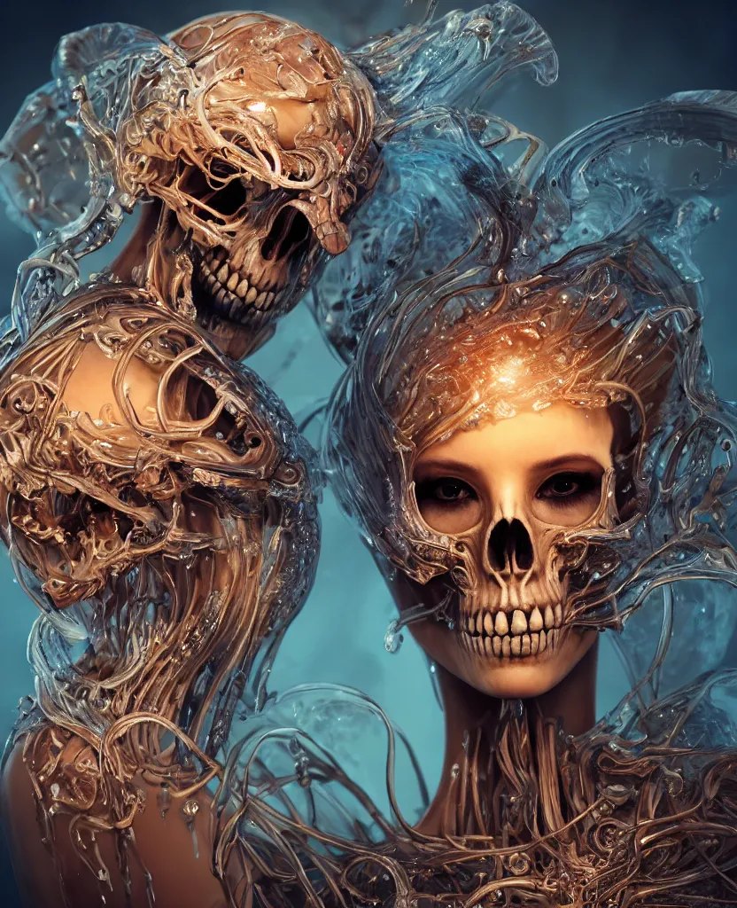 Image similar to close-up macro portrait of the face of a beautiful princess with animal skull mask, epic angle and pose ribcage skeleton, symmetrical artwork, 3d with depth of field, blurred background, cybernetic jellyfish female face skull phoenix bird, translucent, nautilus, energy flows of water and fire. a highly detailed epic cinematic concept art CG render. made in Maya, Blender and Photoshop, octane render, excellent composition, cinematic dystopian brutalist atmosphere, dynamic dramatic cinematic lighting, aesthetic, very inspirational, arthouse. y Greg Rutkowski, Ilya Kuvshinov, WLOP, Stanley Artgerm Lau, Ruan Jia and Fenghua Zhong