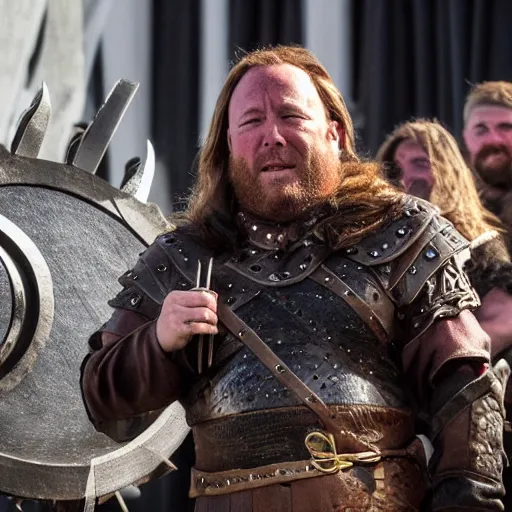 Image similar to Alex Jones dressed as a viking jarl, standing at the helm of a longship