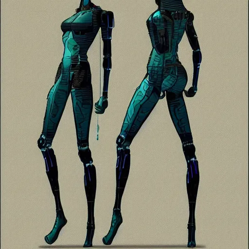 Image similar to Tall sweet woman with an athletic build. She is a bio-machine. There is a crystal in her chest that can be removed. She lost her arms in a fight and now has to use cybernetic ones that attach at the shoulder. Her face and eyes are sharp but kind. Facial features fit her face. Small ears. She has a tail that she wraps around her waist at times. Her hair is in a slightly messy bob and colored light blue. Digital character design art trending on artstation.