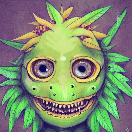 Image similar to plant monster, trending on art station, amber eyes and a smug smile