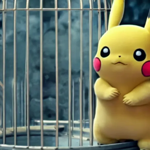 Image similar to stunning awe inspiring pikachu inside a cage with a sad look on its face, movie still 8 k hdr atmospheric lighting