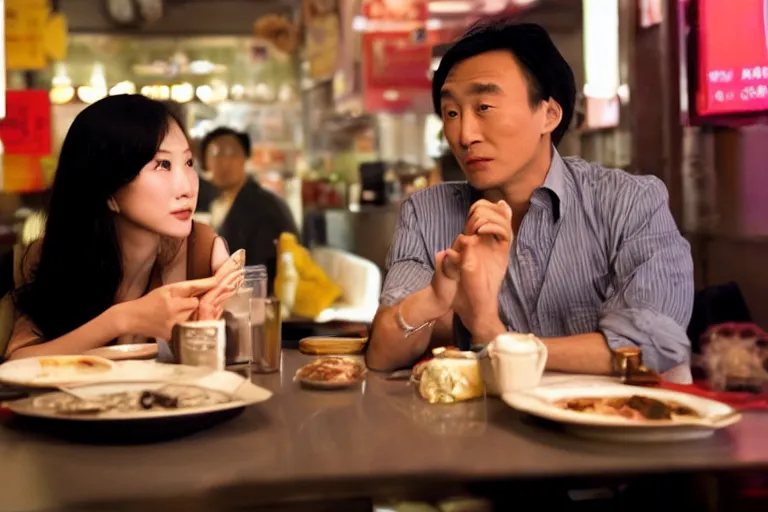 Prompt: movie interior closeup beautiful Asian couple closeup sitting and talking at 50s diner, night in the city, beautiful skin, by Emmanuel Lubezki