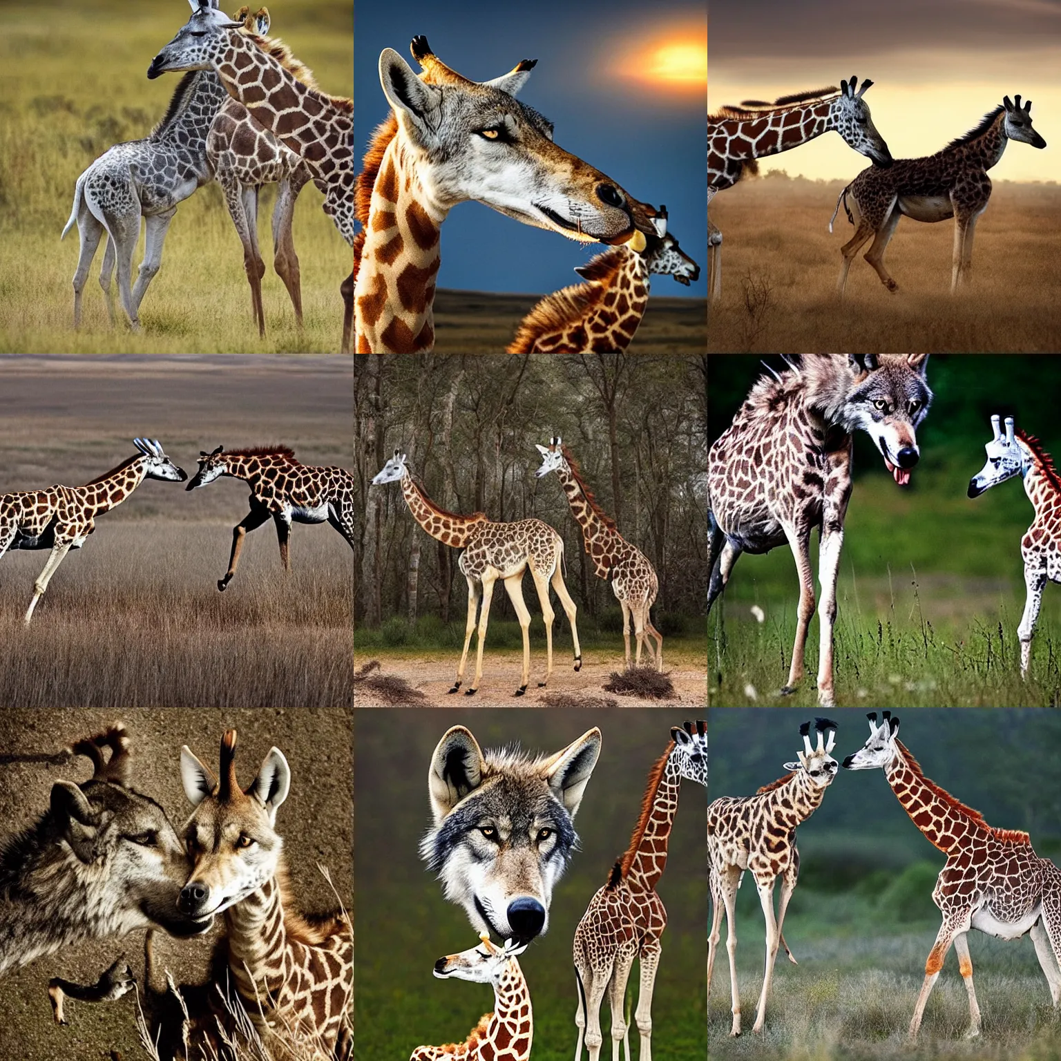 Prompt: a wolf!!!!!!! and a giraffe, the wolf and the giraffe are at each other, Highly Detailed, award winning photography, national geographic