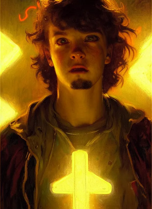 Image similar to illustration by gaston bussiere, gerome, craig mullins, greg rutkowski, john singer sargent. portrait of eddie munson joseph quinn, stranger things. 8 ß's neon retro. lights, glow, magical. dark background.