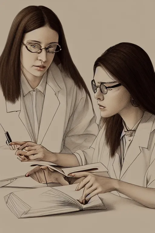 Image similar to portrait of two wise and very beautiful women scientists reviewing some texts, intricate, elegant, highly detailed, smooth, sharp focus, artstation